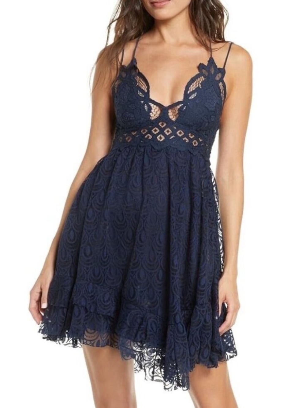 Free People Adella Navy Blue Burnout Lace Mini Dress (XS)